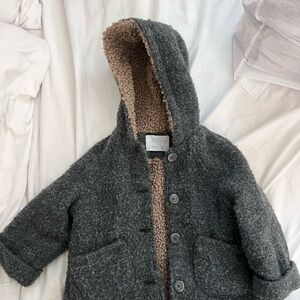 Cozy Gray Hooded Coat with Sherpa Lining